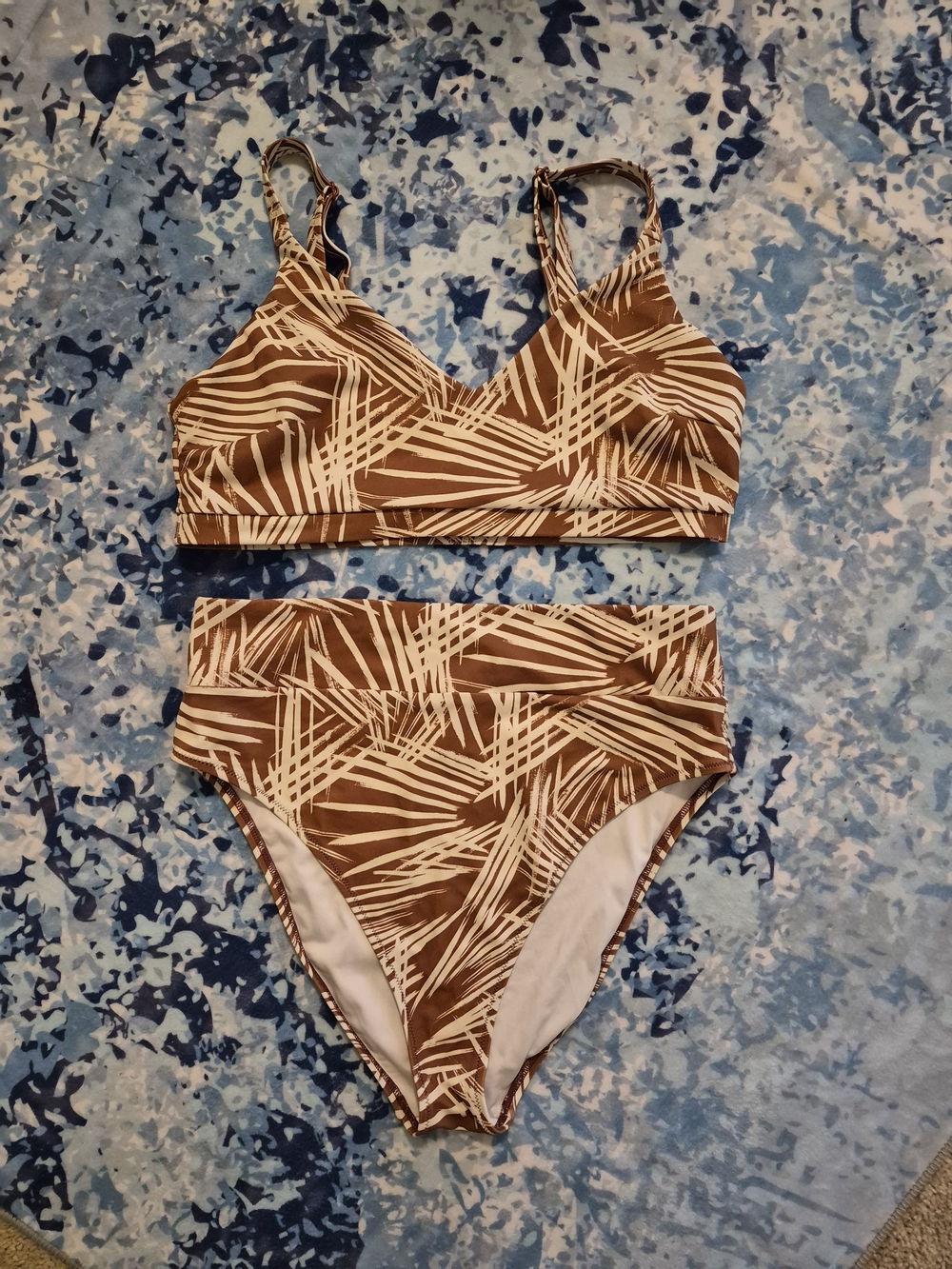 UpWest Tropical Leaf Print High-Waist Bikini Set in Brown & White